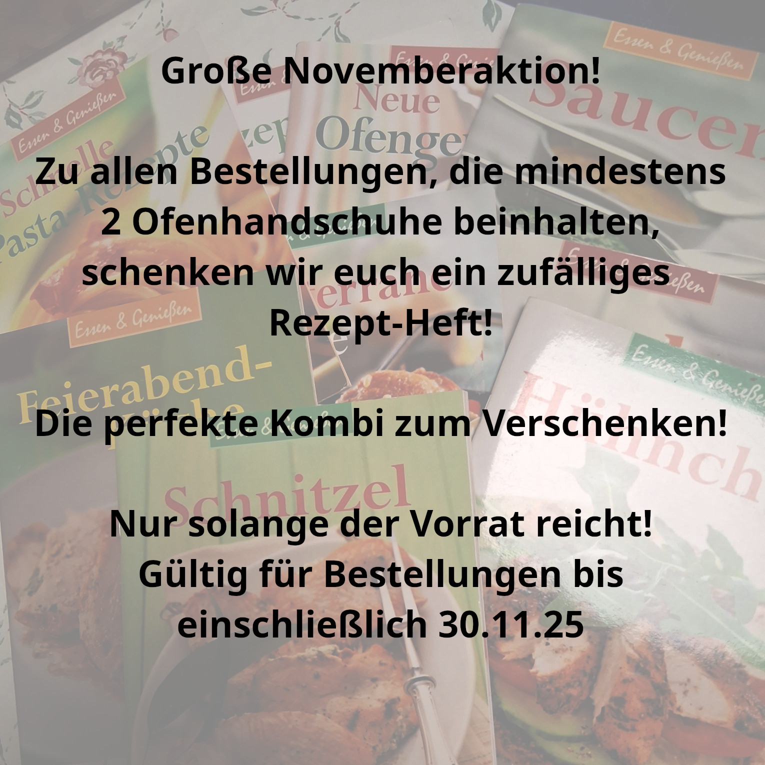 Große Novemberaktion! Zu allen Bestellungen, die mindestens 2 Ofenhandschuhe beinhalten, schenken wir euch ein zufälliges Rezept-Heft! Die perfekte Kombi zum Verschenken! Nur solange der Vorrat reicht! Gültig für Bestellungen bis einschließlich 30.11.25